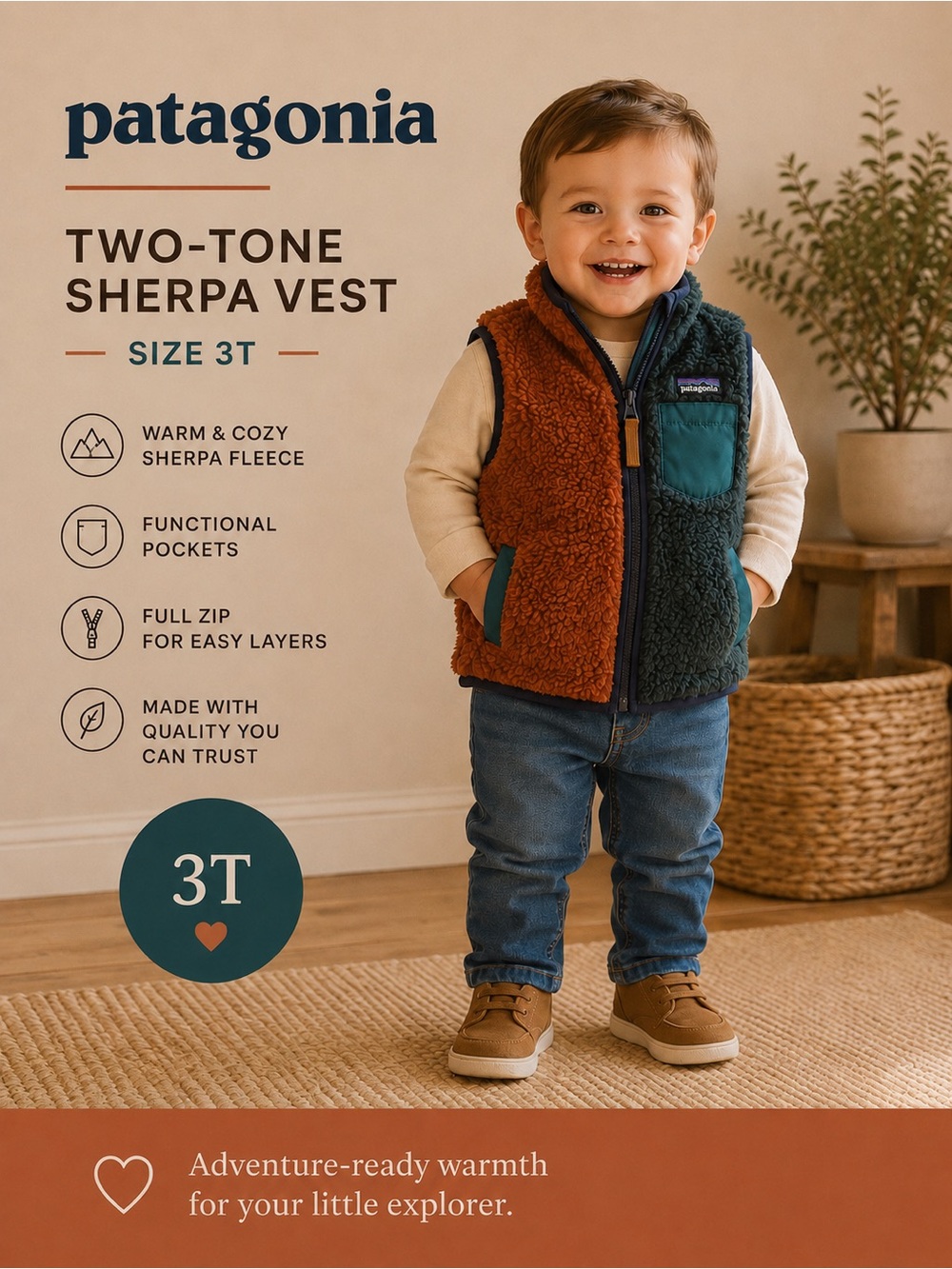 Patagonia Two-Tone Sherpa Vest - Rust Orange & deep teal green/blue